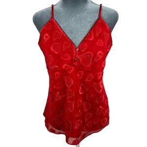 VTG Y2K Babydoll Camisole Tank Top Medium Red Textured Hearts Mesh Overlay Satin
